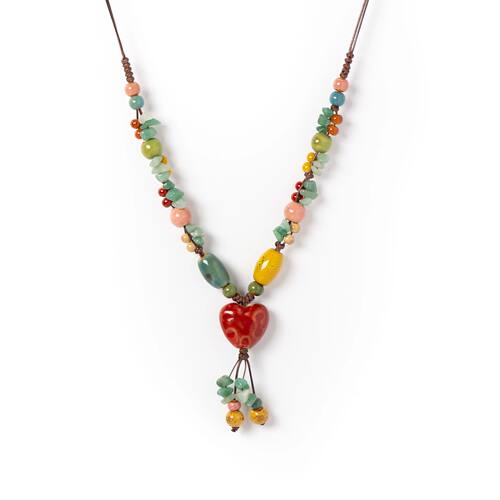 Vintage Heart Ceramic Necklace for Women Handmade Boho Style