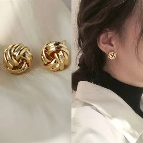 Women's Tiny Metal Stud Earrings Gold Color Twist Round Smal