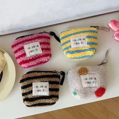 Stripes Plush Coin Purse Kawaii Cute Key Money Card Case Bag