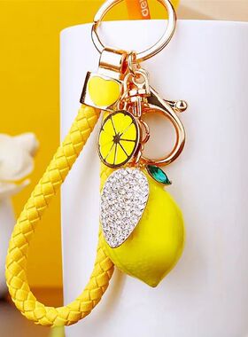 3D Fruit Keyring Lemon Charm Pendant Crystal Rhinestone Keyc