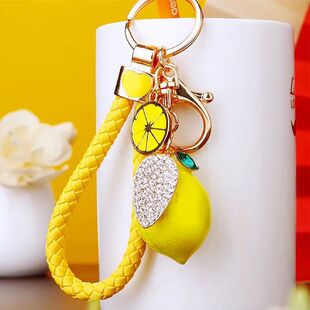 3D Fruit Keyring Lemon Charm Pendant Crystal Rhinestone Keyc