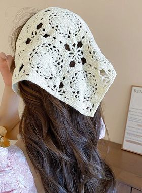 Lace Triangle Hair Scarf Headband Hollow Knitted Flowers Hea