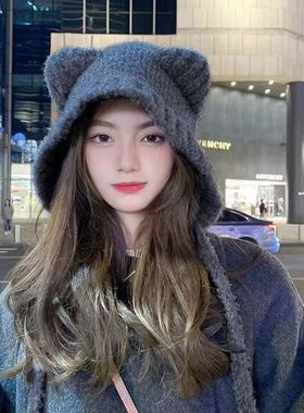 Pulling rope women's hat, autumn and winter cute warm ear pr