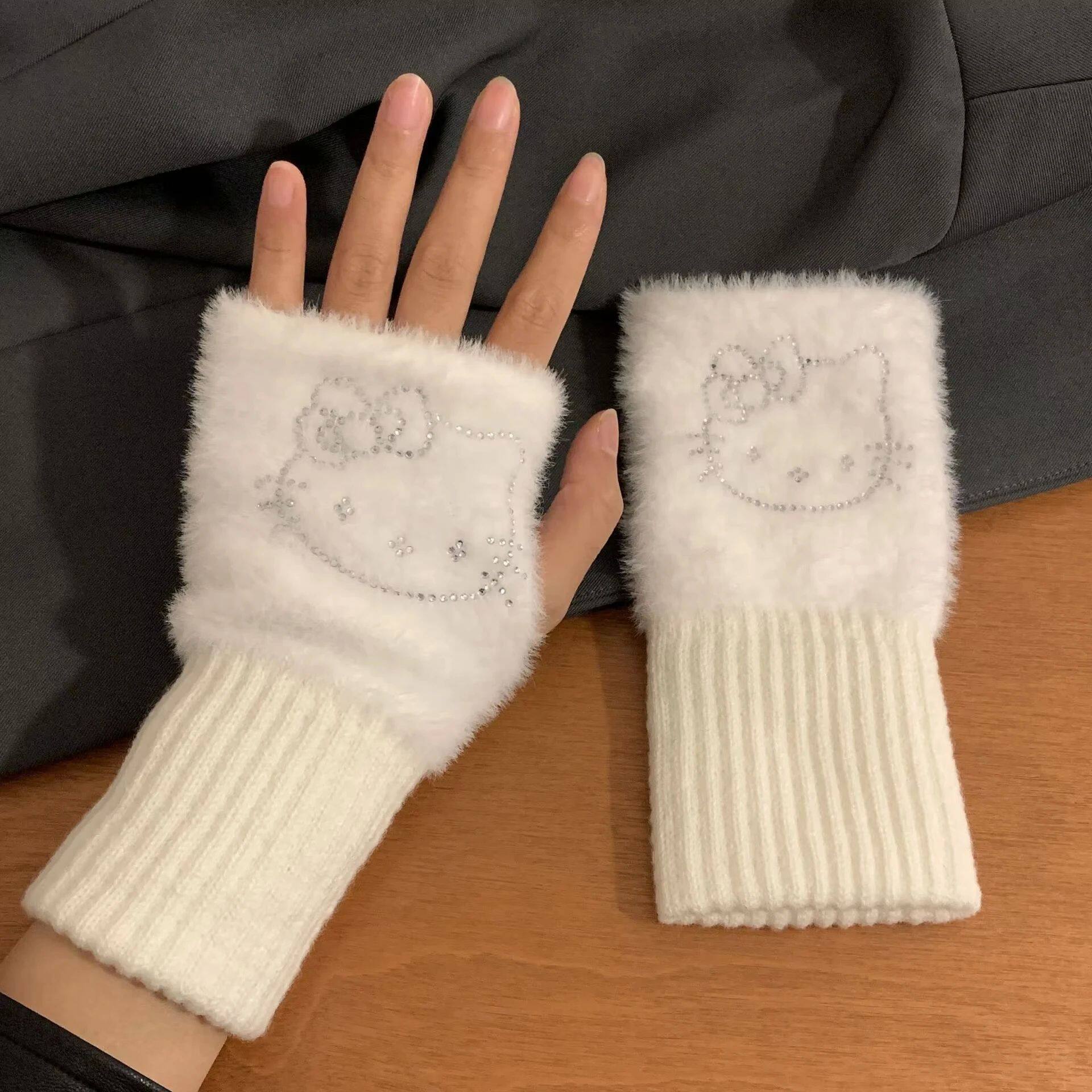 Cute Sanrio girl Plush Half Finger Gloves winter Anime Kawai