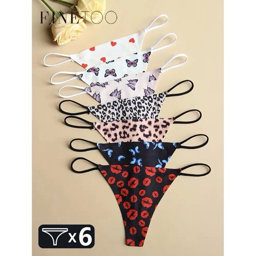 6pcs Seamless Allover Print Thongs, Sexy Comfy Breathable St