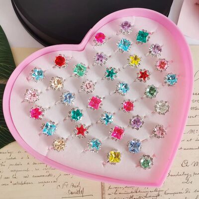12/36PCS/set Kids Crystal Rings Jewelry Heart Star Square Op