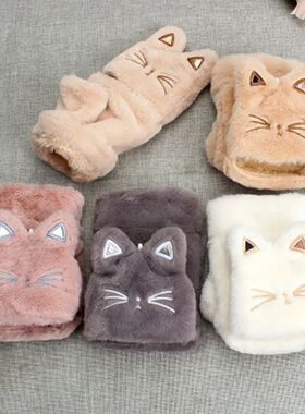 Cute Rabbit Fur Knit Mittens Plush fingerless Gloves Flip Ha