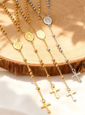 Rosary Virgin Cross Drop Y-shaped Necklace for Women,Stainle