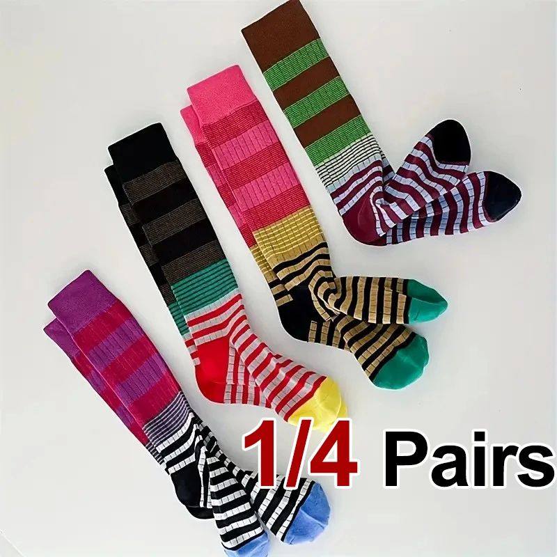 1/4 Pairs Spring Autumn Color Blocked Striped Women calf Soc