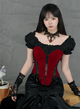 哥特风蕾丝拼接丝绒抹胸束腰鱼骨胸衣女性感修身显瘦上衣