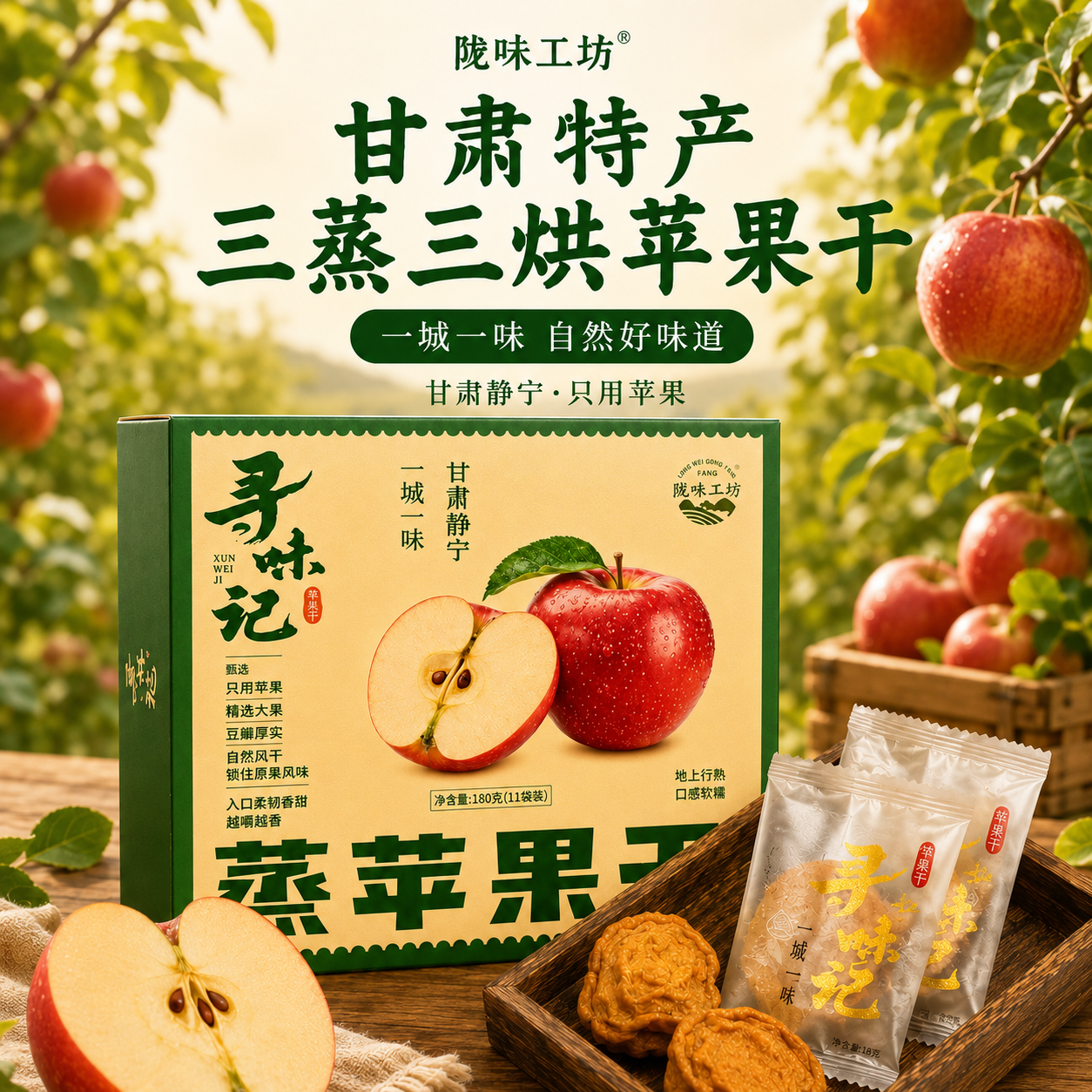 陇味工坊甘肃庆阳静宁苹果干三蒸三烘盒装180g伴手礼