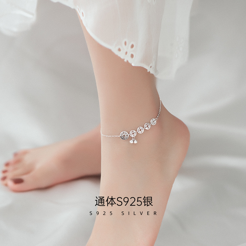 S925银招财铜钱圆珠脚链简约女金钱铃铛个性脚踝链小众女礼物024