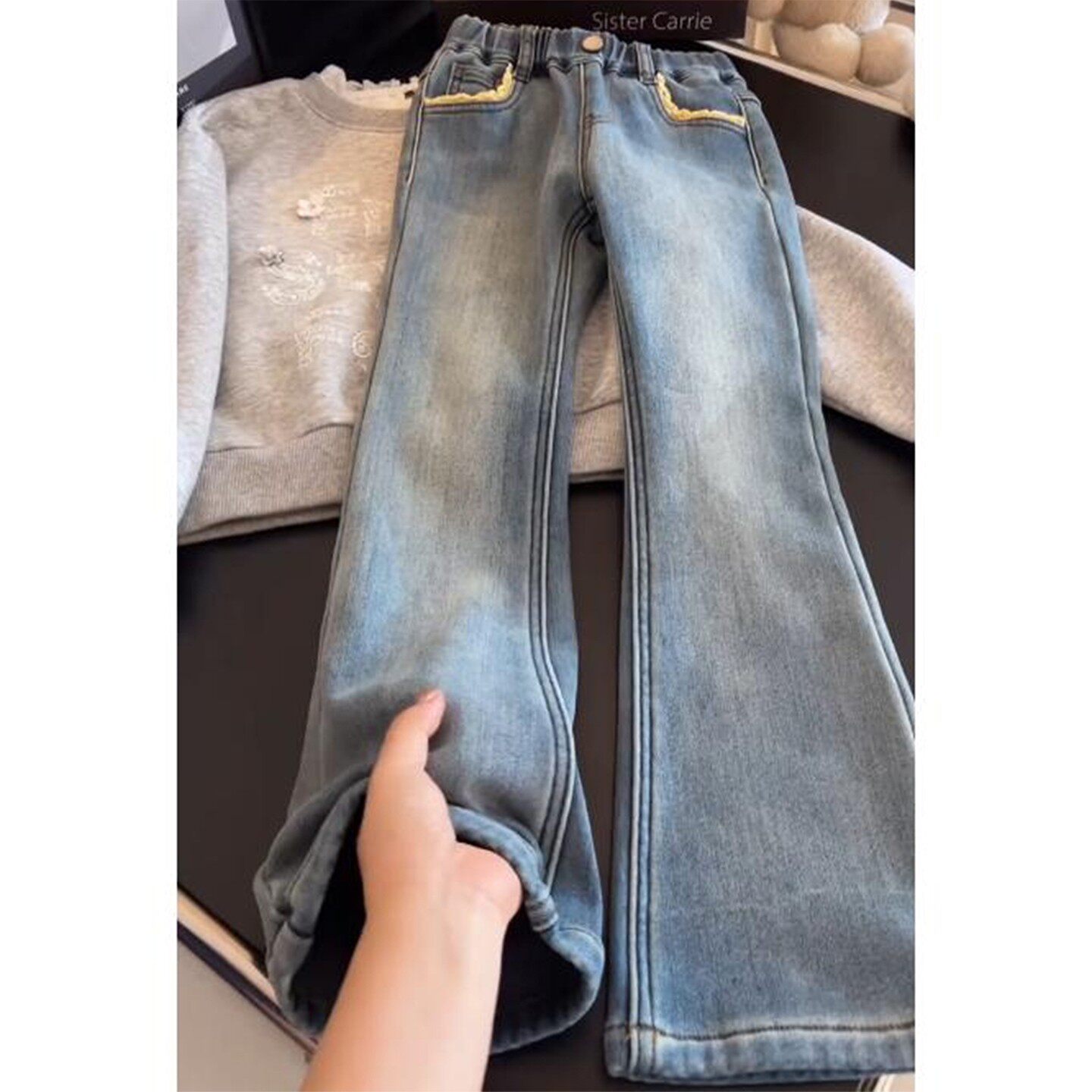 女童加绒裤子秋冬款2025新款儿童一体绒加厚外穿牛仔裤女孩喇叭裤