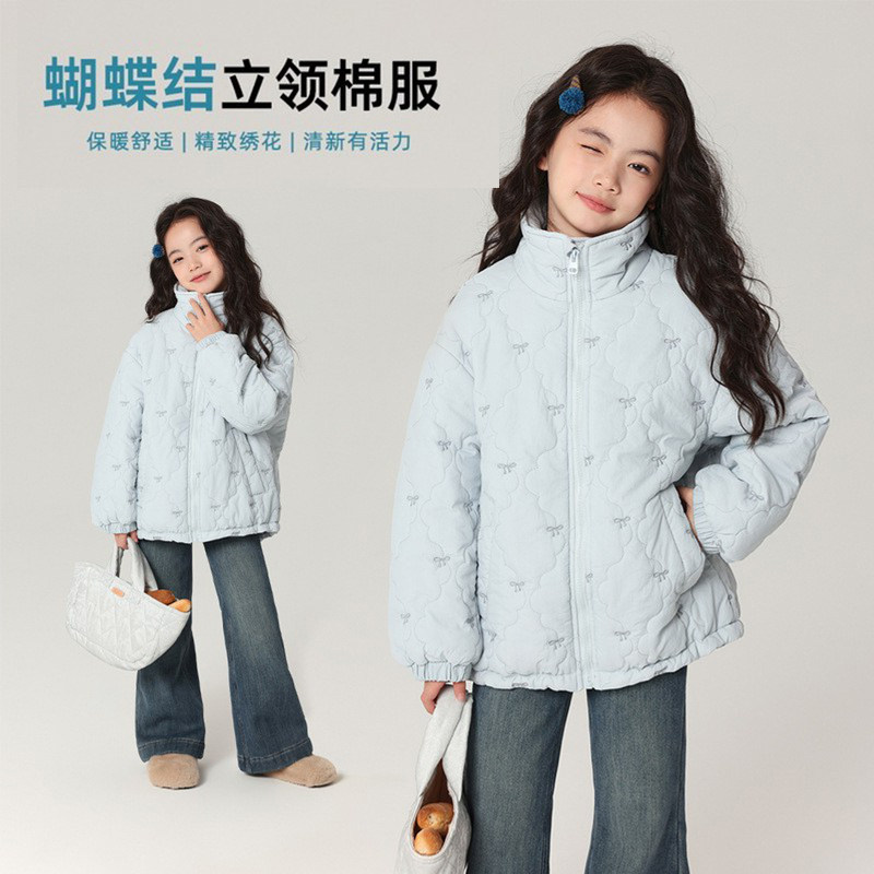 韩国童装棉服2025冬季新款蝴蝶结立体刺绣立领外套女宝宝保暖棉衣