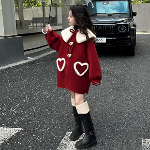 女童加绒外套秋冬款儿童冬季加厚红色呢子大衣女孩过新年拜年衣服