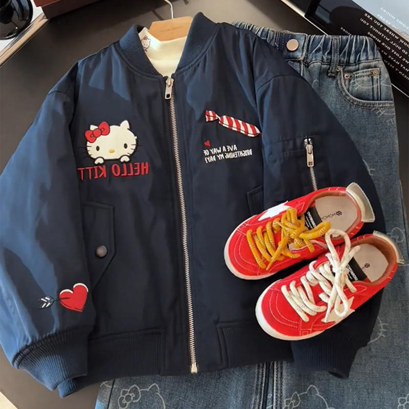 女童加绒外套秋冬款2025新款儿童加厚KT猫棒球服外套女孩冬季上衣