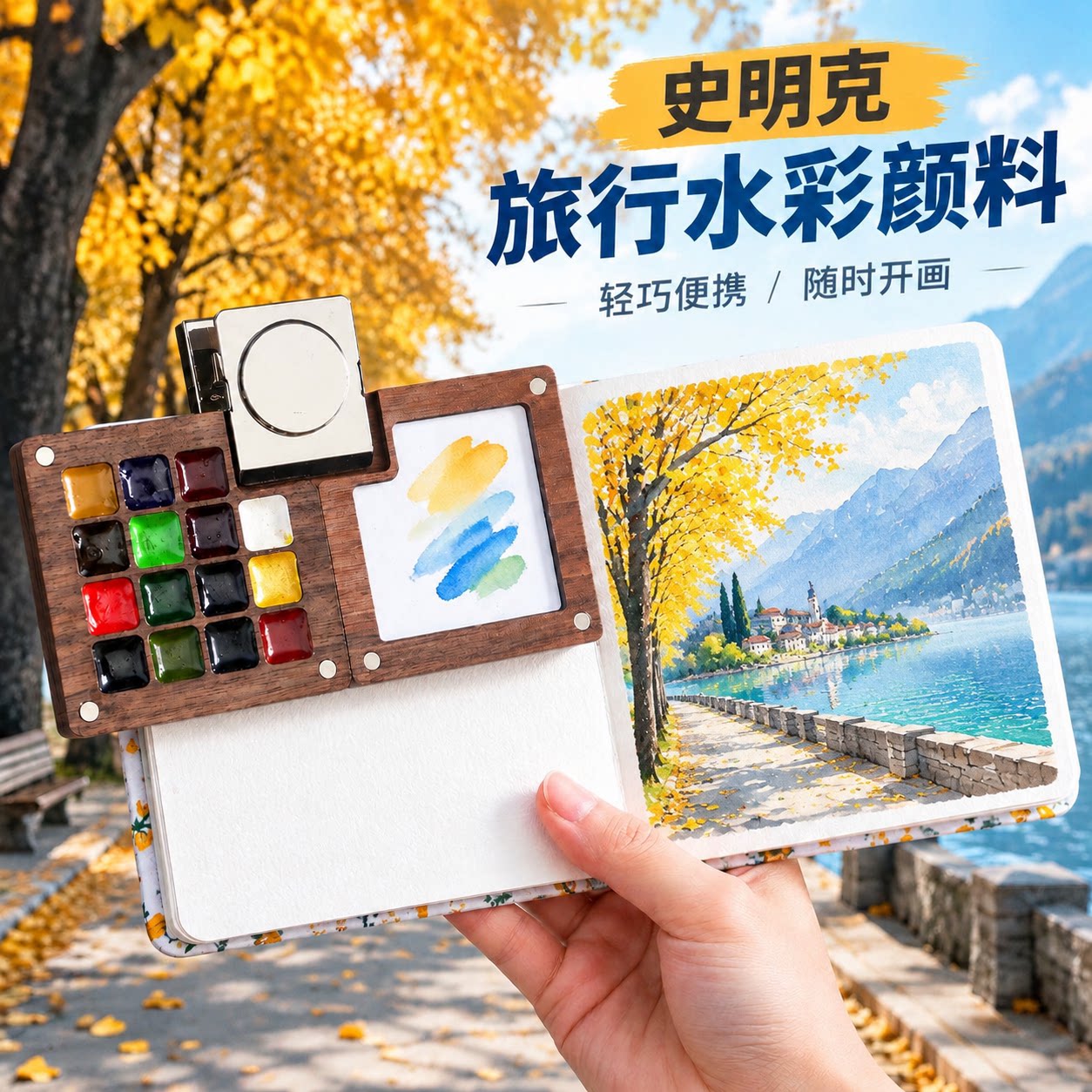 史明克迷你水彩颜料盒和小本子15色国风木盒小画板迷你画画本套装旅行随身便携写生分装固体水彩盒手账本套装图片