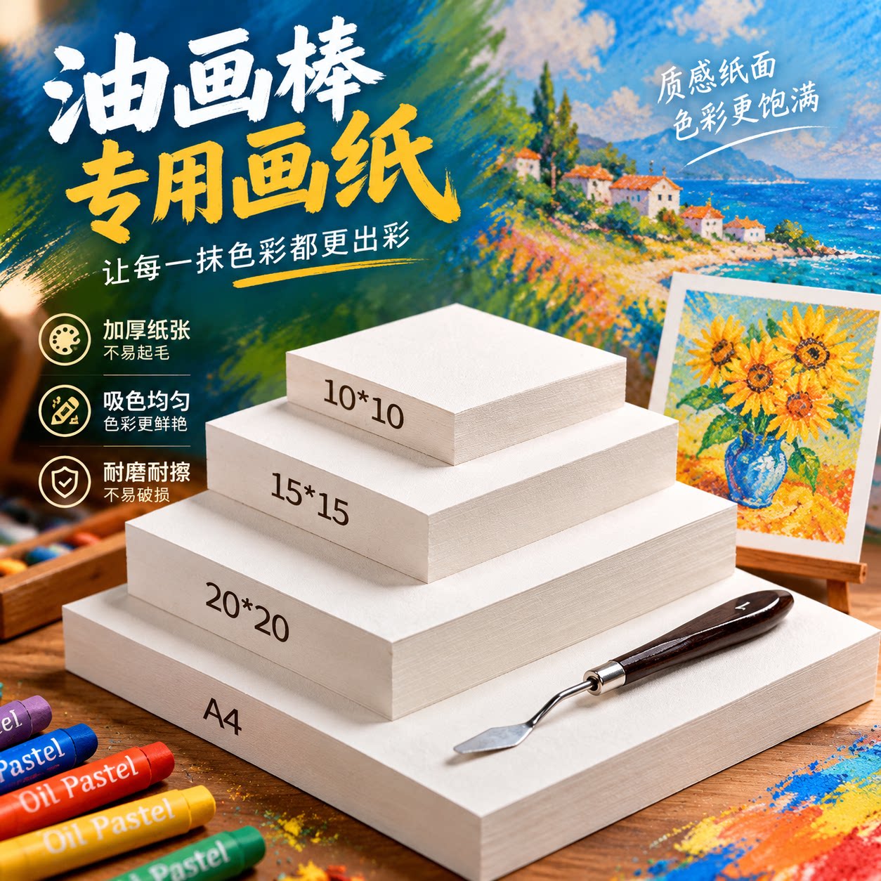 油画棒专用纸本正方形美术油画纸10cm空白不透绘画画纸特种纸重彩蜡笔素描卡纸儿童小学生镂空模板工具套装