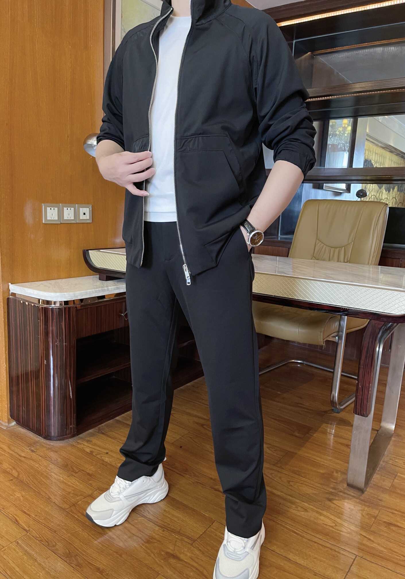 春夏欧洲站休闲套装男士刺绣立领卫衣卫裤天丝棉休闲运动两件套潮