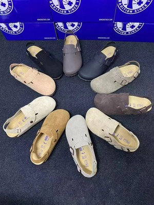 BK包跟牛皮勃肯鞋女真皮春夏复古软木跟包头拖鞋平底舒适软底鞋子