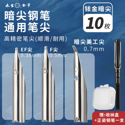 钢笔暗尖通用型替换笔尖暗尖18.5mm特细0.38弯尖0.7美工替换笔尖10支装送pp盒送钢笔一支