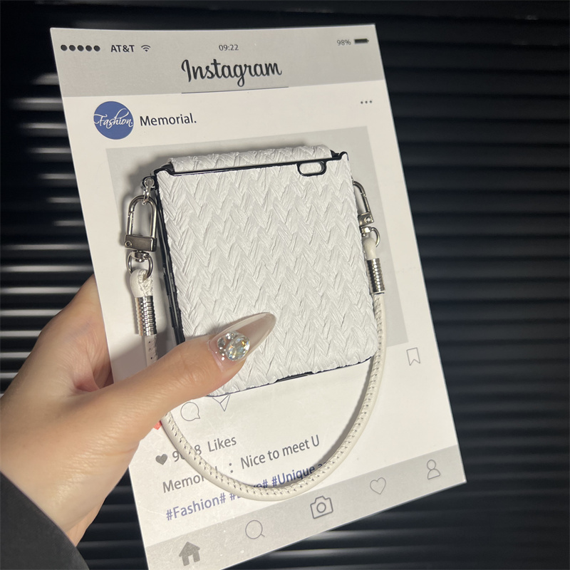 新款小众白色编织纹手提链适用荣耀magicvflip手机壳findn3flip折叠屏pocket2高级感宝盒mixflip翻盖保护套女