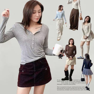 Bimilie低领百搭纽扣打底衫T恤内搭外穿修身显瘦醋酸绵羊毛打底衫