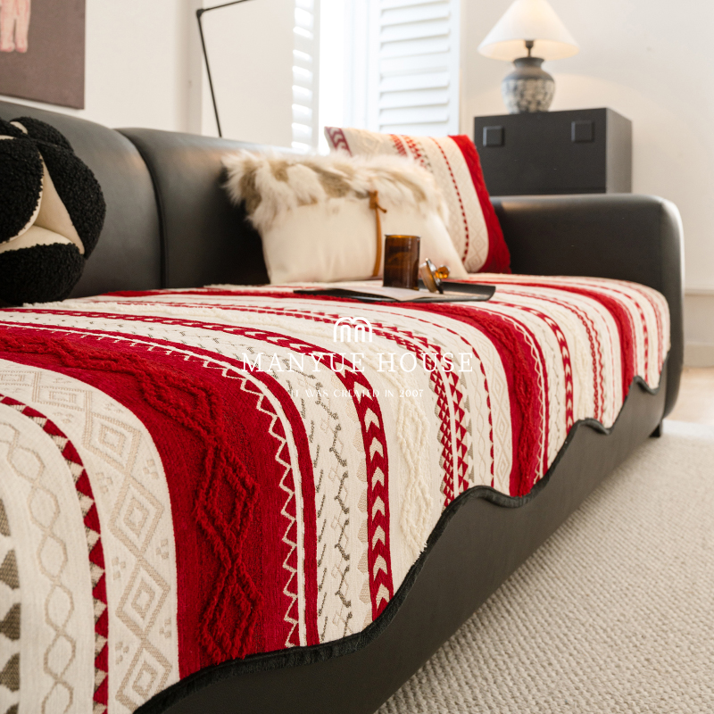 雪尼尔喜庆中古风万能盖巾防猫抓