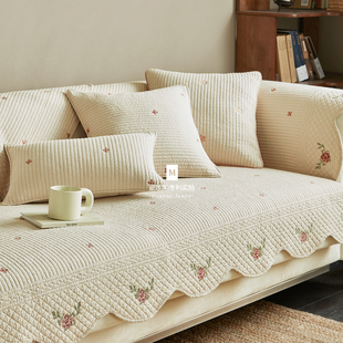 蔓越家 盈盈之时 纯棉沙发垫奶油色重工刺绣全棉沙发套罩巾坐垫