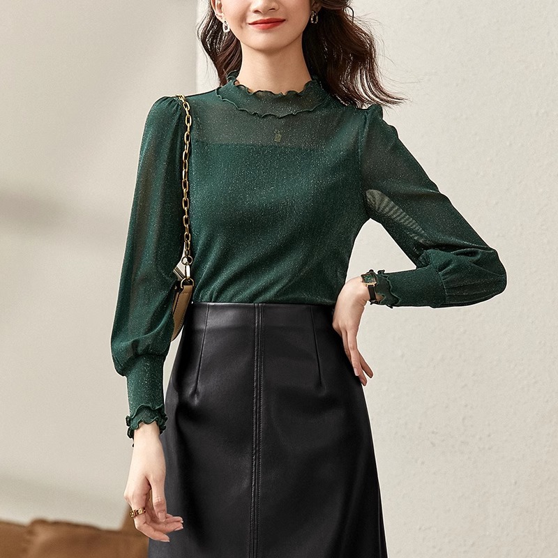 2025秋季新款蕾丝半高领气质通勤亮丝网纱长袖打底衫显瘦小衫上衣