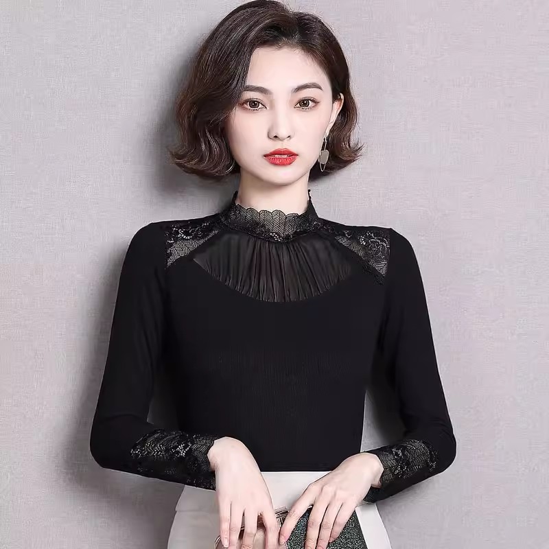 2025秋冬新款蕾丝领打底衫女长袖洋气内搭小衫半高领螺纹棉上衣