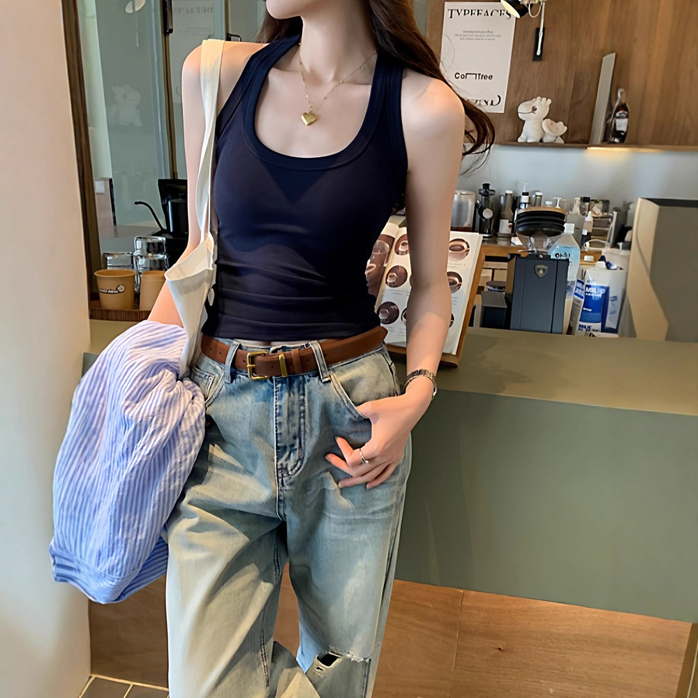 辣妹风新款小众无袖工字背心女夏季修身显瘦内搭纯色上衣