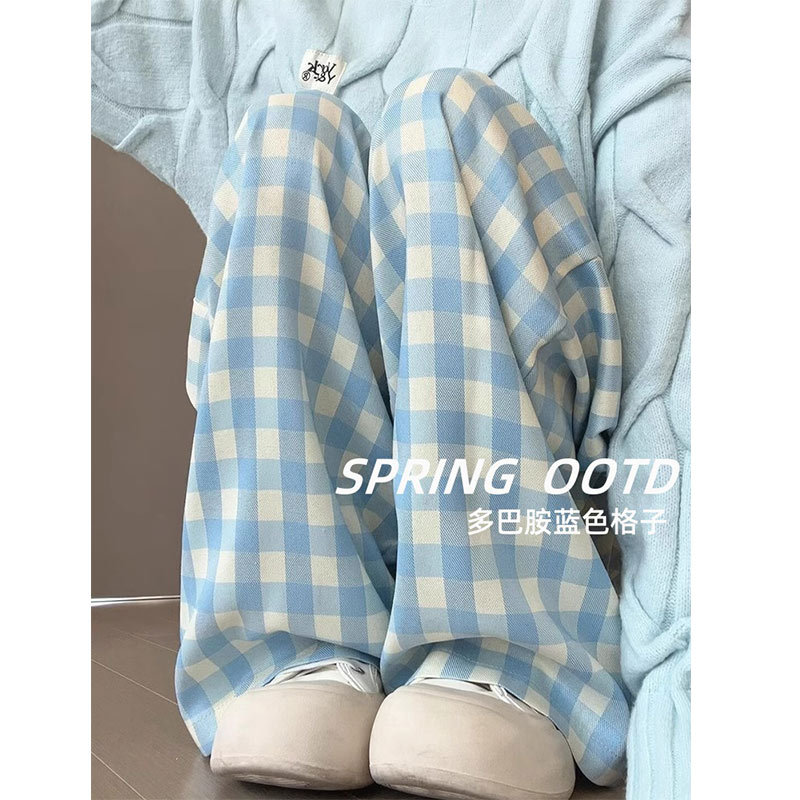 多巴胺蓝色格子裤女秋季2025新款小个子宽松直筒遛弯阔腿山本裤