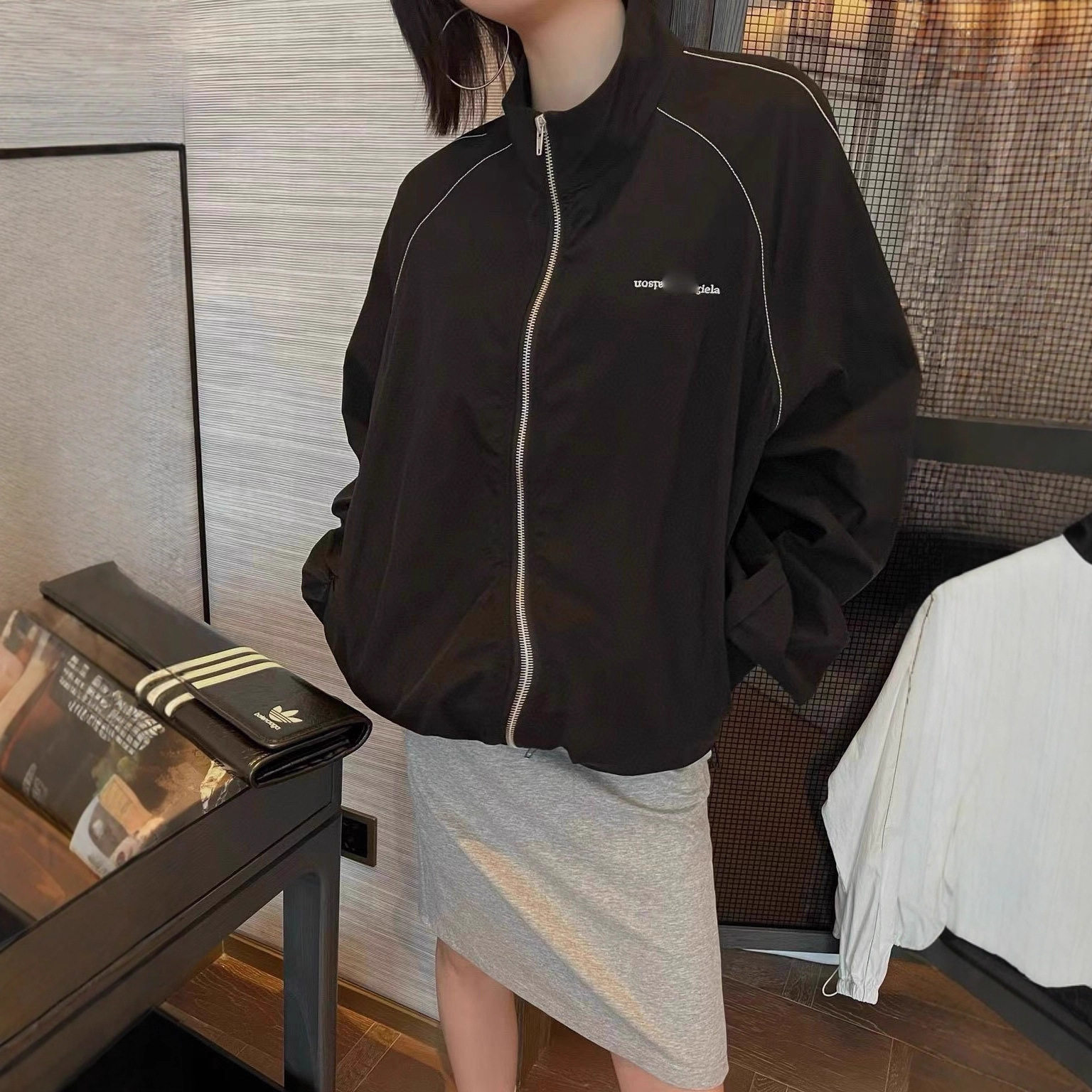 MK家秋季黑色立领夹克防晒外套男女同款小众设计感宽松百搭冲锋衣