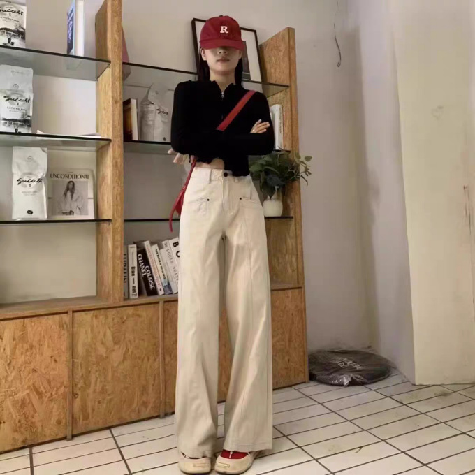 美式米杏色工装牛仔裤女2025秋季新款高腰宽松垂感直筒阔腿休闲裤