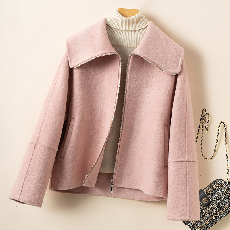 拉链大翻领新款双面羊毛大衣短款宽松休闲时尚落肩袖通勤百搭外套