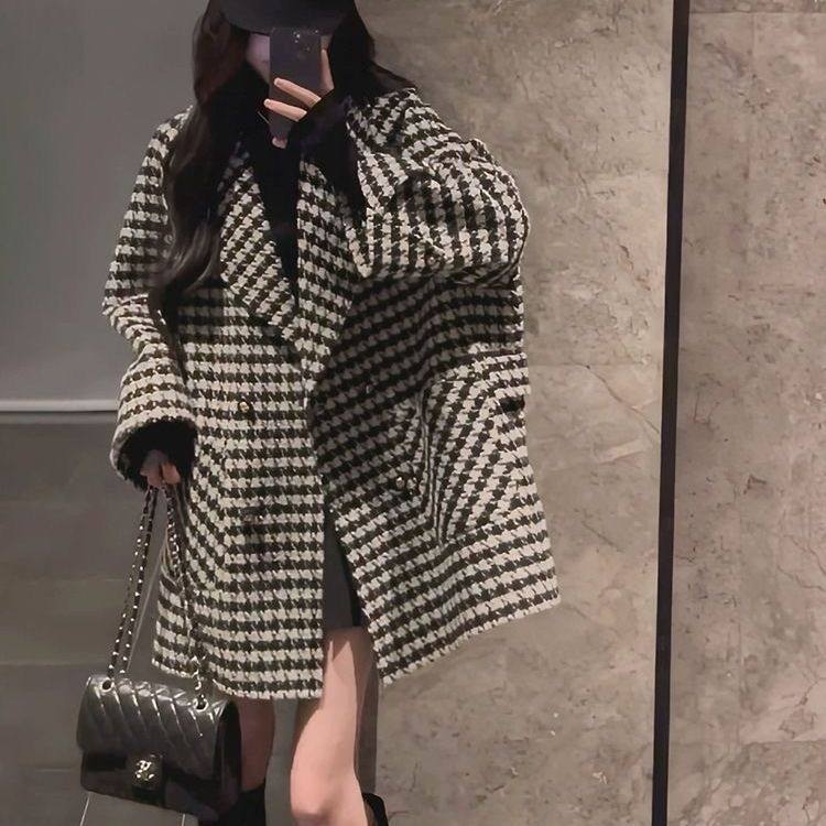 气质秋冬季毛呢千鸟格外套新款2025秋冬呢子加厚宽松大码大衣女潮,女装/女士精品,大码呢大衣,淘宝优惠券,粉丝福利购,淘宝优惠卷