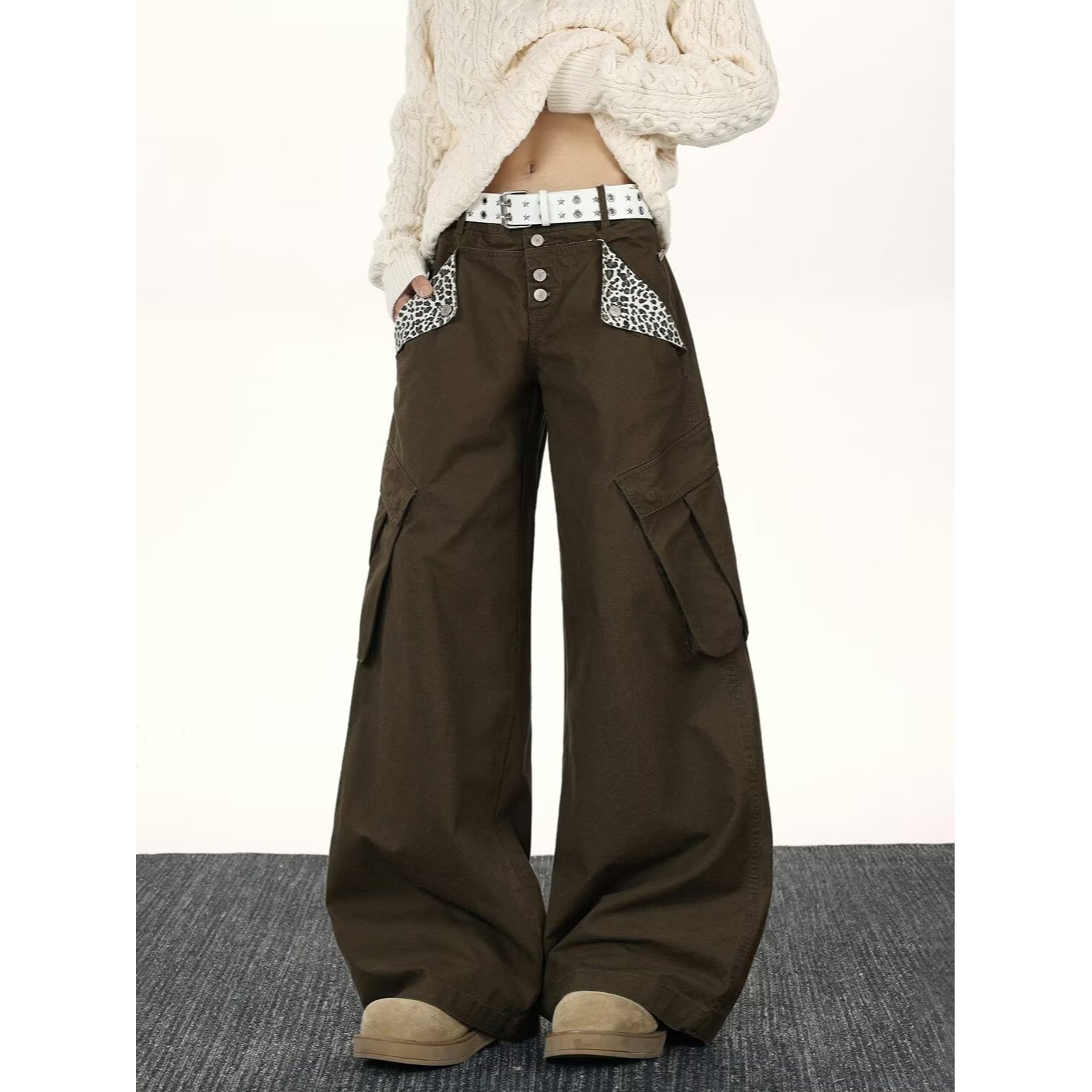 跨境美式工装裤女秋冬新款牛仔裤宽松百搭拼接豹纹直筒棕色阔腿裤