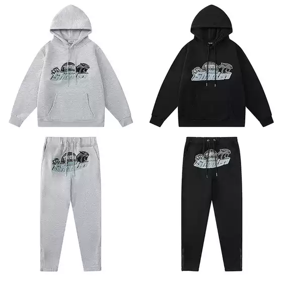 Trapstar Set Black Tiger Head Towel Embroidery Fleece-Lined Hooded Sweatshirt Cuffed Zipper Pants Casual Sweatpants for Men
