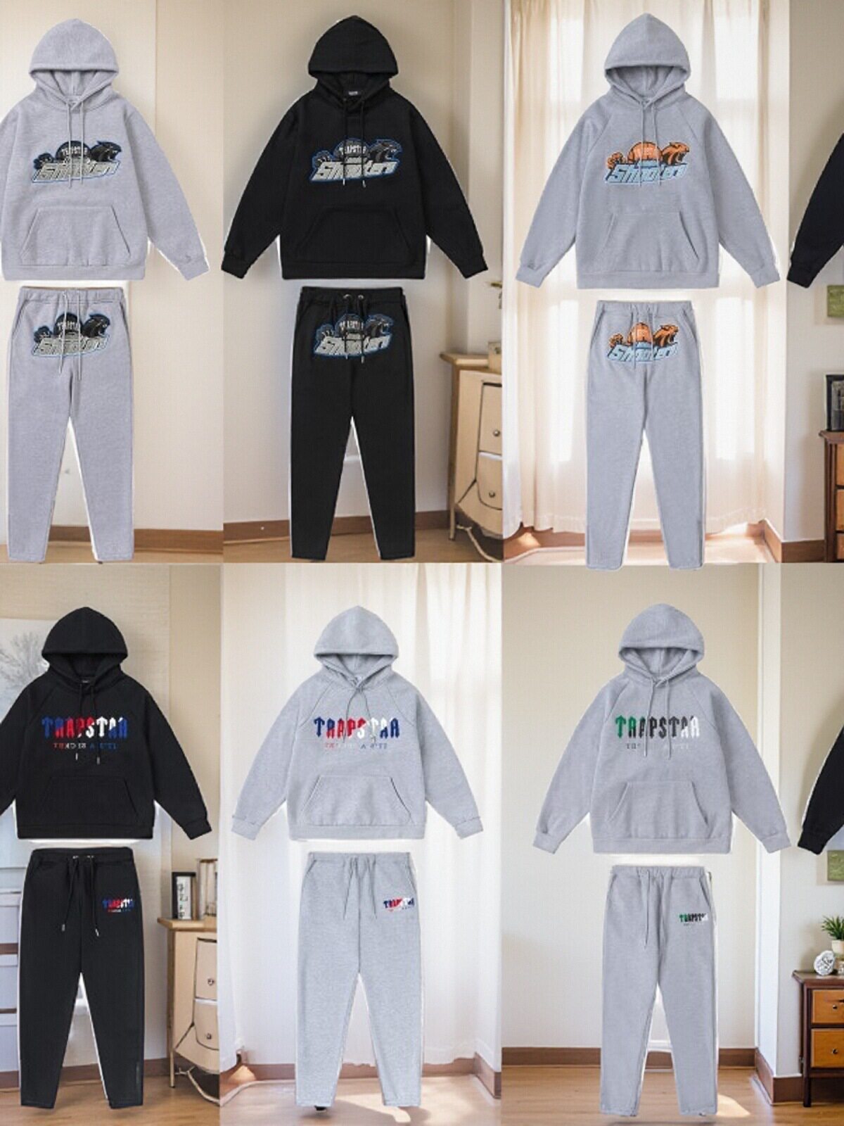 TRAPSTAR 유럽과 미국의 트렌디 한 브랜드 그라디언트 문자 타이거 헤드 타올 자수 플러스 벨벳 후드 티셔츠 남성용 및 여성용 스포츠 슈트