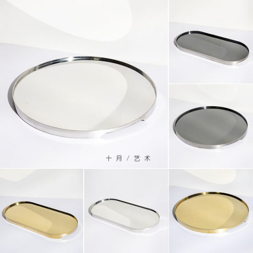 现代轻奢不锈钢圆形托盘样板间茶几玻璃镜面圆盘饰品皮收纳盘摆件