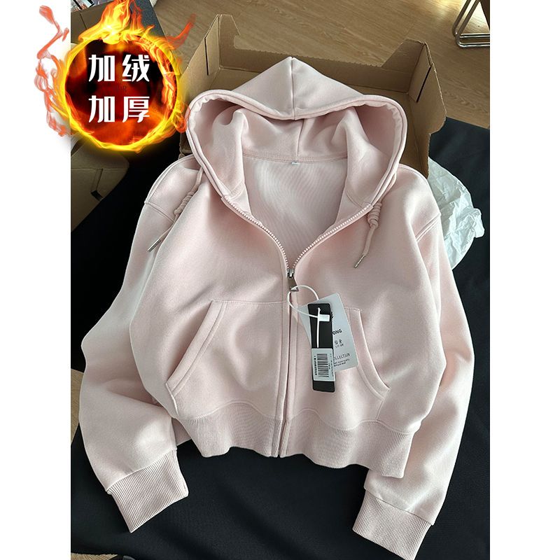 韩系连帽短款卫衣女秋季新款百搭休闲收腰上衣粉红色运动拉链外套