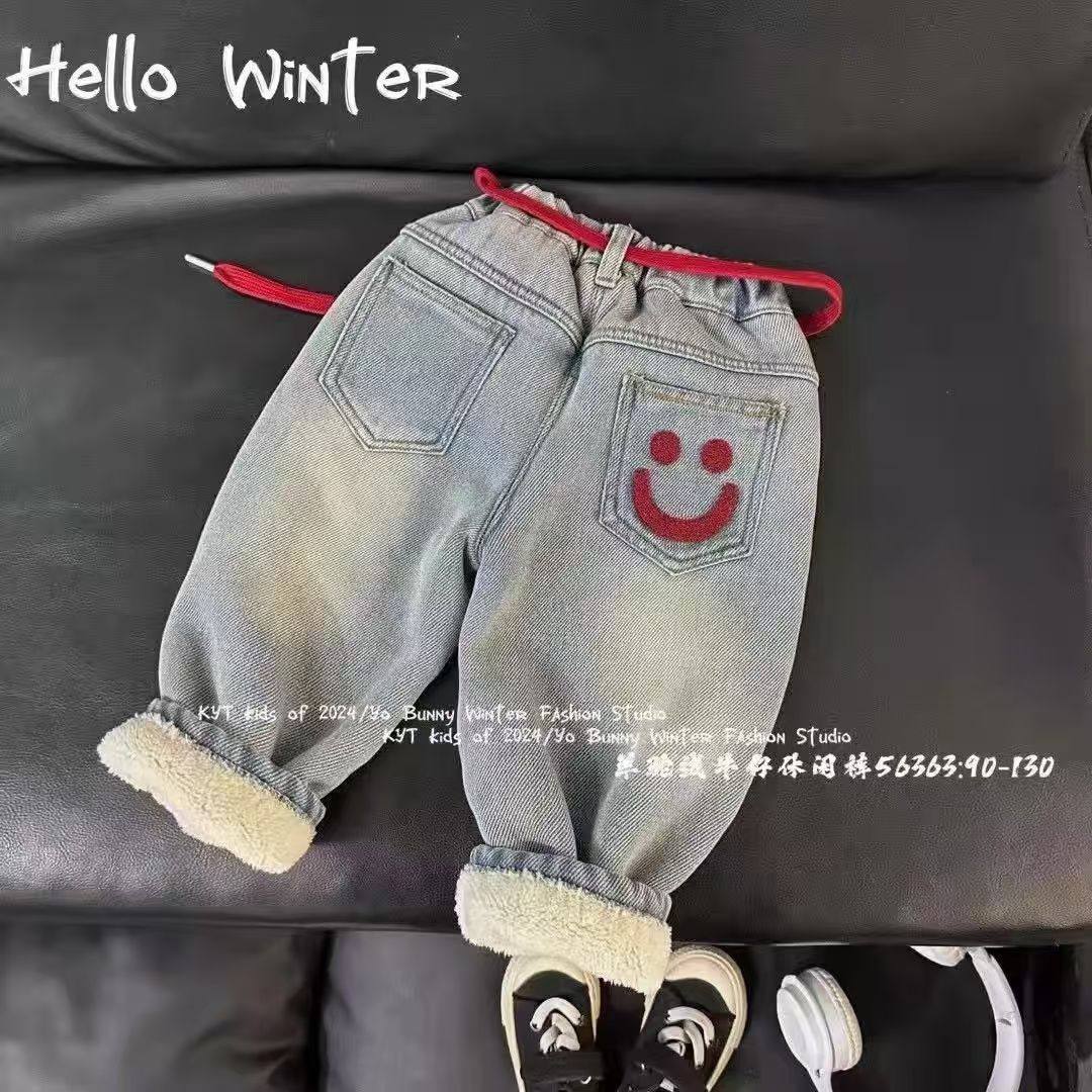 儿童笑脸加绒牛仔裤男女童宝宝加厚直筒长裤洋气百搭冬季保暖裤子,童装/婴儿装/亲子装,儿童牛仔裤,淘宝优惠券,粉丝福利购,淘宝优惠卷