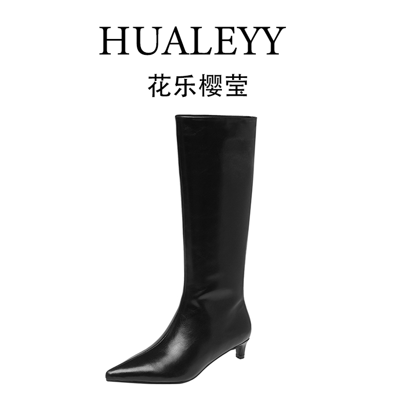 HUALEYY 4CM/34-40/牛皮/时尚骑士靴极简韩风猫跟一脚蹬长靴