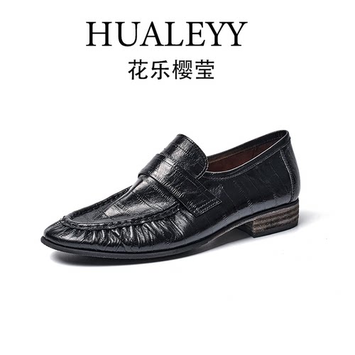 HUALEYY 2.5CM/34-40/牛皮/老钱风褶皱通勤小皮鞋圆头复古单鞋