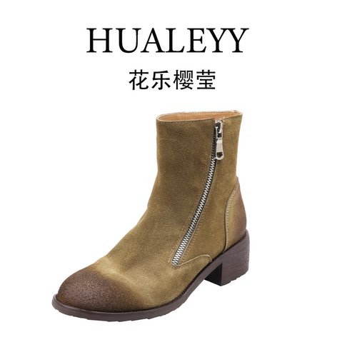 HUALEYY 5CM/34-39/牛翻皮/时尚英伦风侧拉链马丁靴圆头粗跟短靴