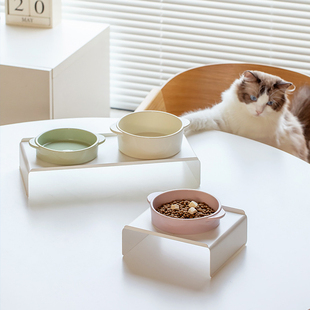 芝小麻韩国ins双耳碗陶瓷猫食盆马卡龙猫碗狗碗粮碗水碗加高碗架