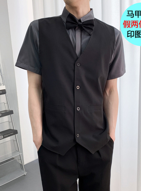 假两件马甲定制短袖衬衫夜总会KTV酒吧服装男服务员工作服印字图