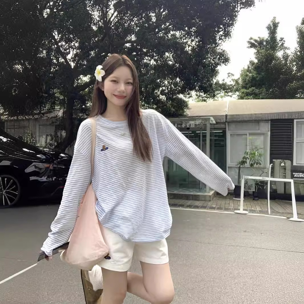 PPHOME清雅甜心~经典百搭条纹长袖T恤女夏季薄款防晒罩衫宽松