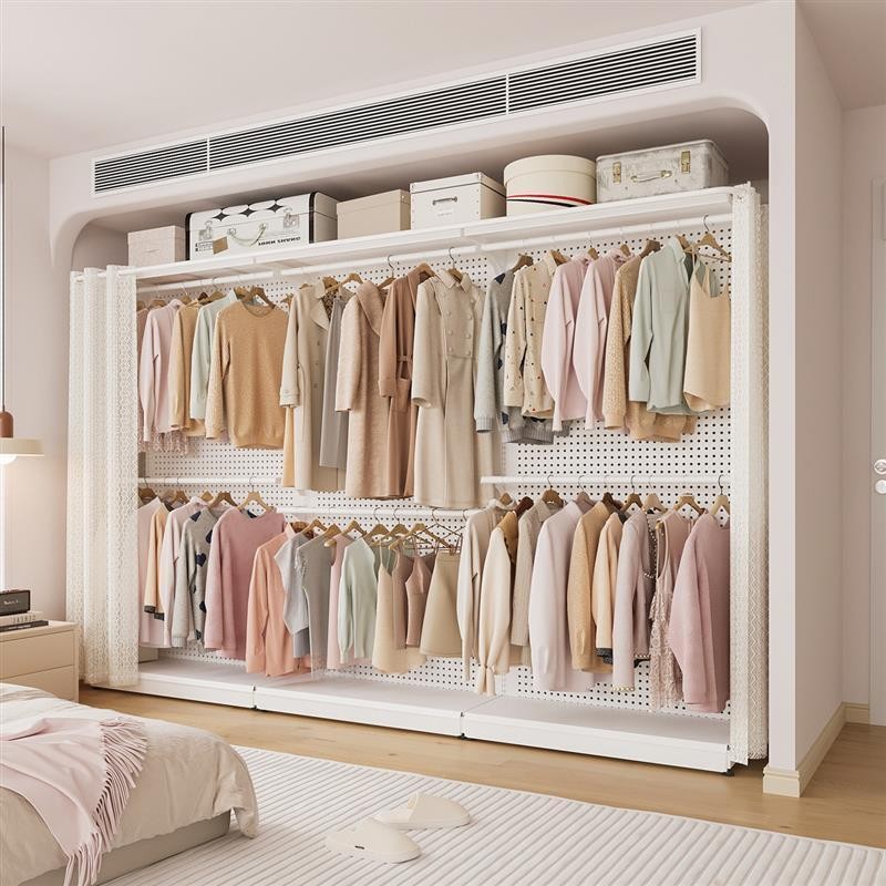 落地洞洞板金属衣柜卧室家用出租房简易组装全挂式钢制衣橱简衣架